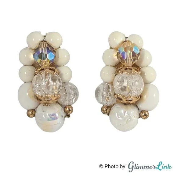 Vintage Multi Beaded Ear Climber Cluster Gold Tone Mid-Century Clip On Earrings - Picture 1 of 11